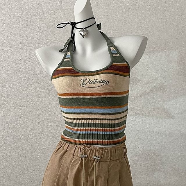 Letter Embroidered Top Halter Striped