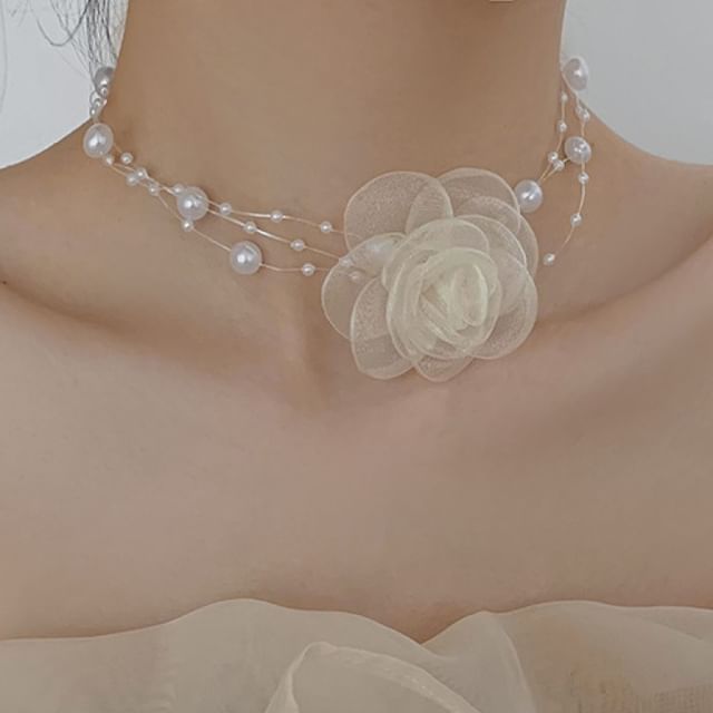 Choker Layered Faux / Floral Pearl