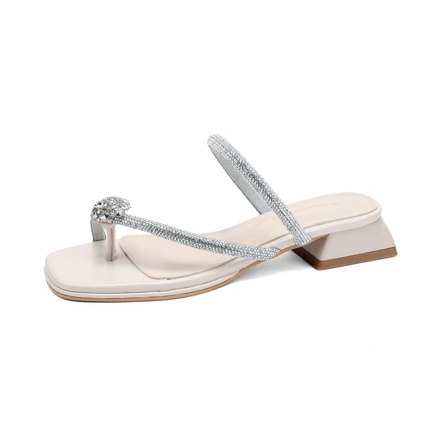 Rhinestone Toe Loop Chunky Heel Slide Sandals