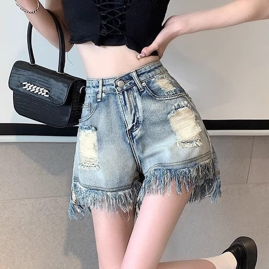 Fringe Waist High Distressed Shorts Washed Denim
