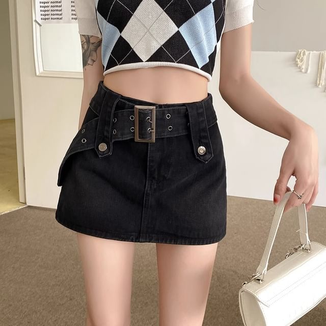 High Skort Belted Mini A-Line Waist Denim