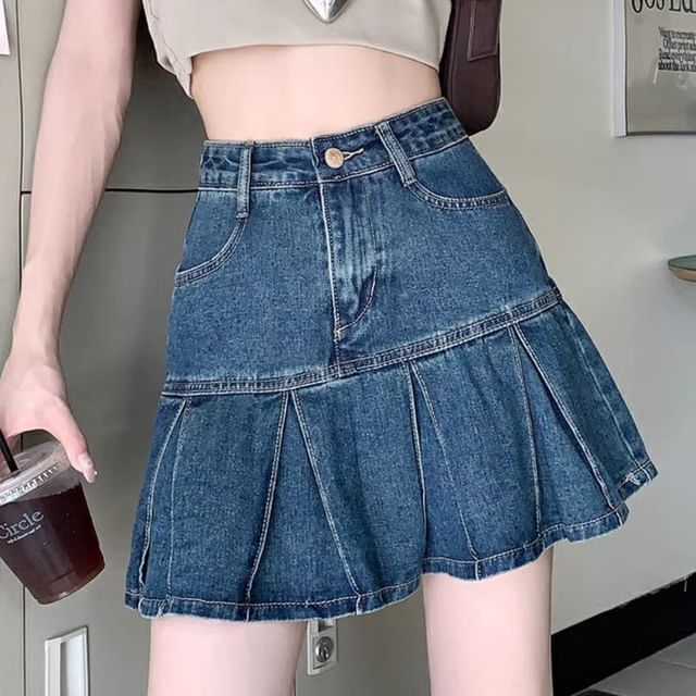 Washed A-Line High Mini Skirt Rise Denim Pleated