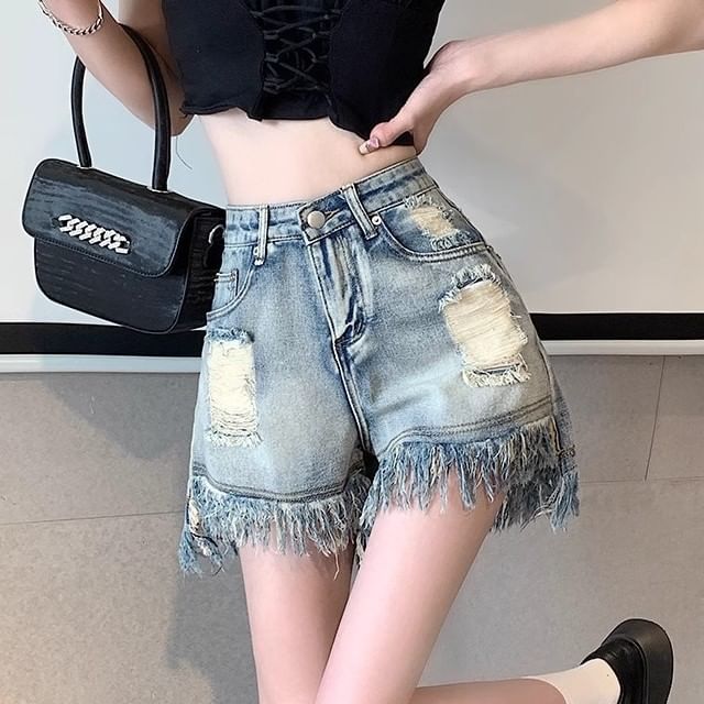 Fringe Waist High Distressed Shorts Washed Denim