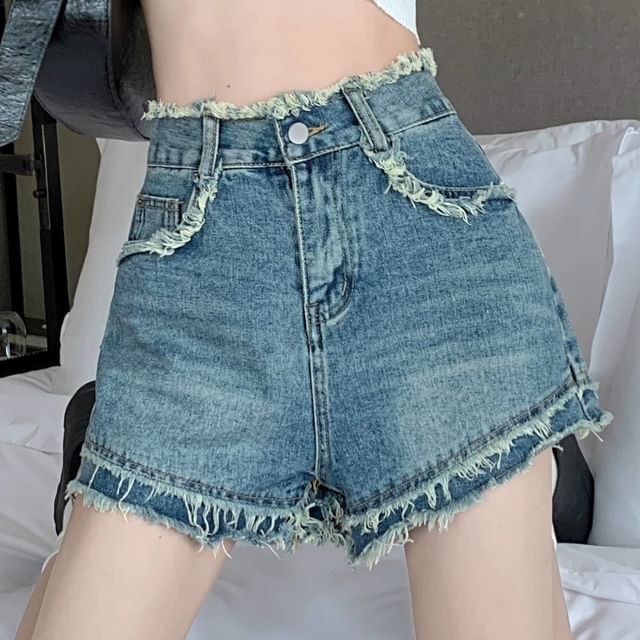 Denim High Washed Shorts Waist Fray