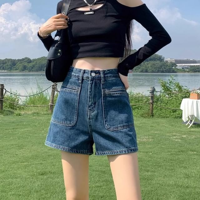 High Denim Shorts Waist Washed