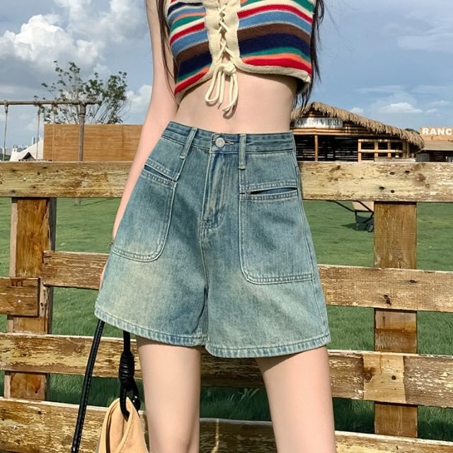High Denim Shorts Waist Washed