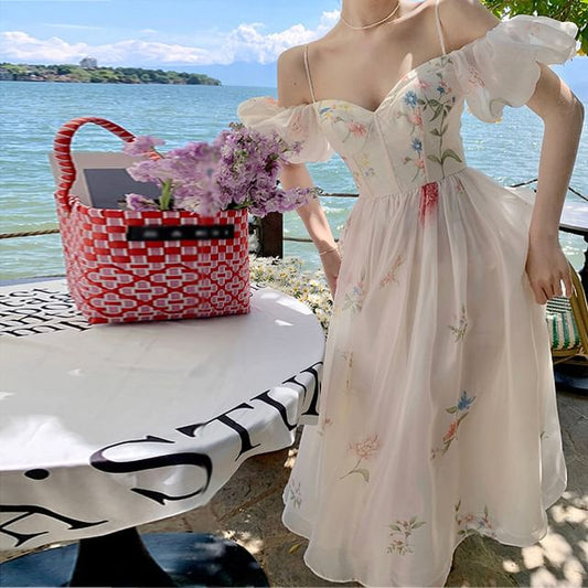 Dress Cold-Shoulder Floral Puff-Sleeve A-Line Midi