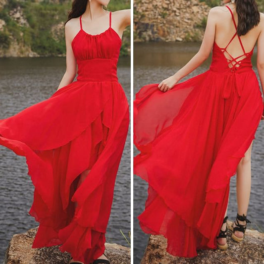 Spaghetti Plain Strap Open Back Sundress Lace-Up Maxi