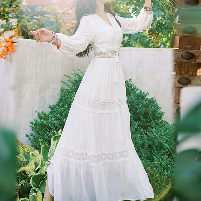 Maxi Plain V-Neck Trim A-Line Puff-Sleeve Dress Lace