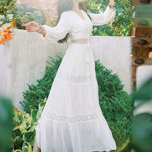 Maxi Plain V-Neck Trim A-Line Puff-Sleeve Dress Lace