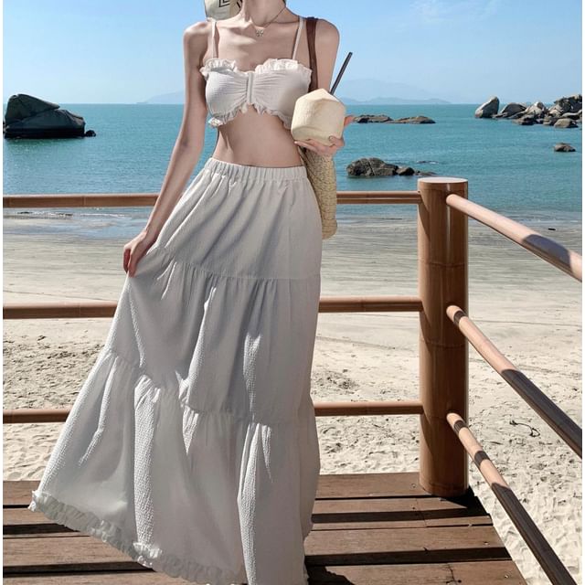 Cami A-Line Set: Ruffle Maxi Cropped Plain Top + Waist High Skirt
