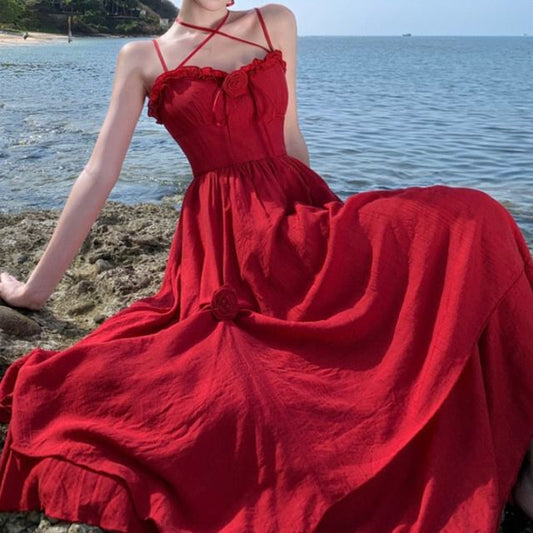 Ruffle Detail Spaghetti Flower Sundress Maxi Strap Plain