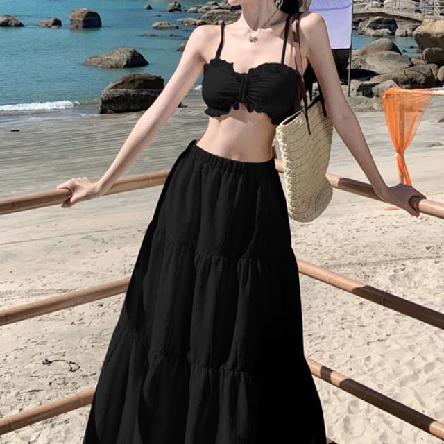 Cami A-Line Set: Ruffle Maxi Cropped Plain Top + Waist High Skirt
