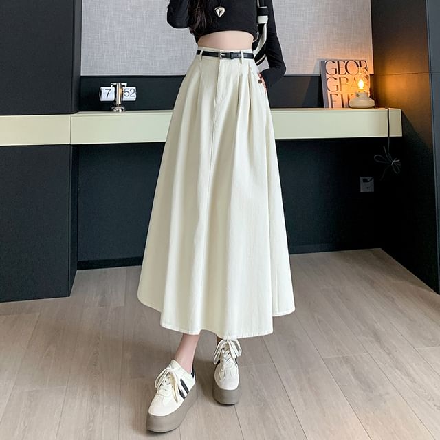 High Waist Plain Pleated Midi A-Line Denim Skirt