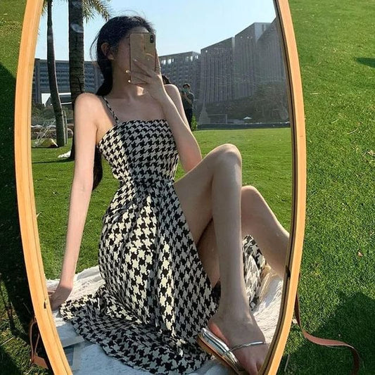 Houndstooth Strap Slit Dress Maxi Spaghetti A-Line
