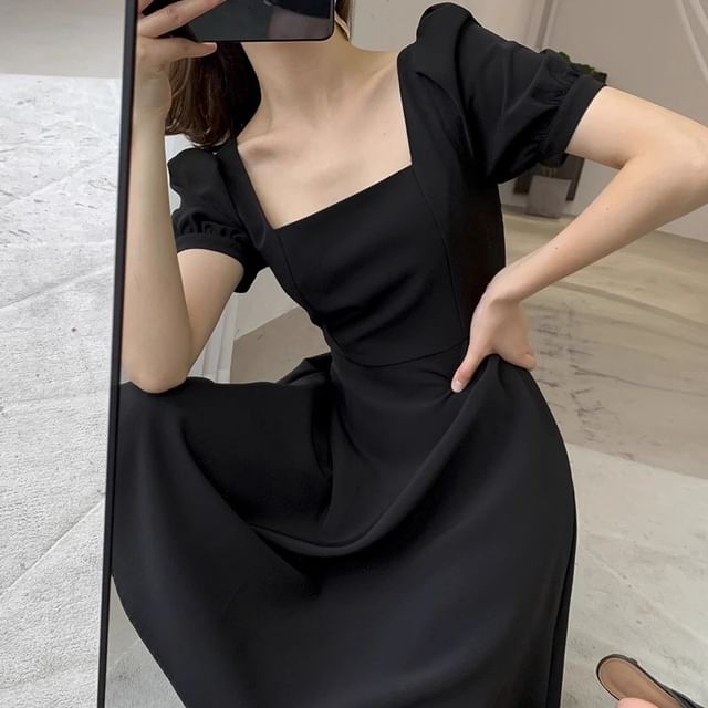 A-Line Puff Neck Mini Square Dress Sleeve Plain