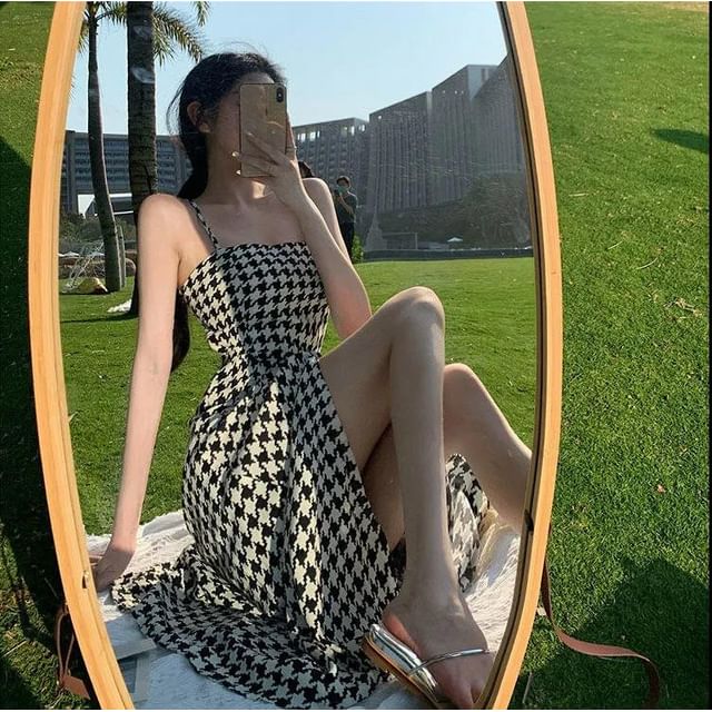 Houndstooth Strap Slit Dress Maxi Spaghetti A-Line