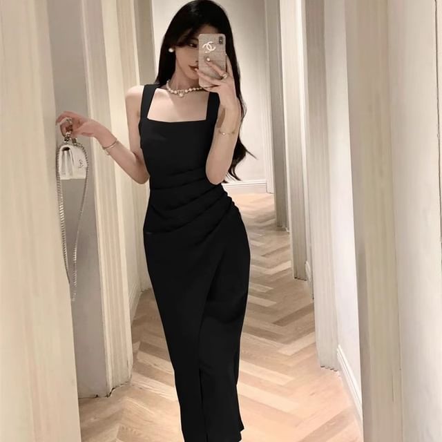 Sleeveless Sheath Plain Dress Midi Square Neck Ruched