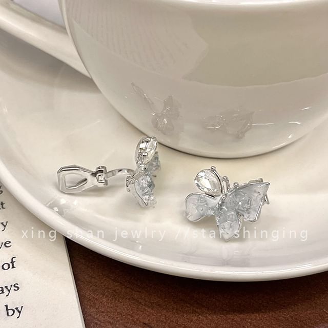 Faux Rhinestone Ear Earring Stud Crystal Butterfly Clip-On /