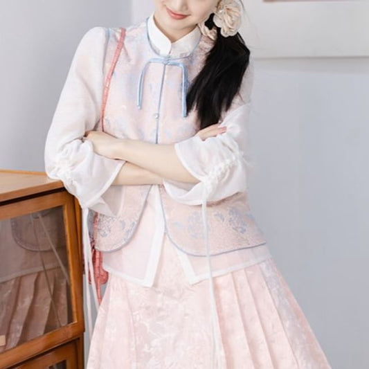 Puff-Sleeve Plain Blouse / Frog Buttoned Hanfu Vest / High Waist Mini Pleated A-Line Skirt