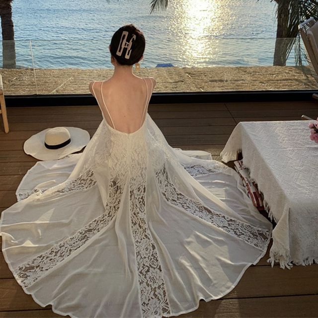 Lace Panel Spaghetti Back Maxi Plain Strap Sundress Open