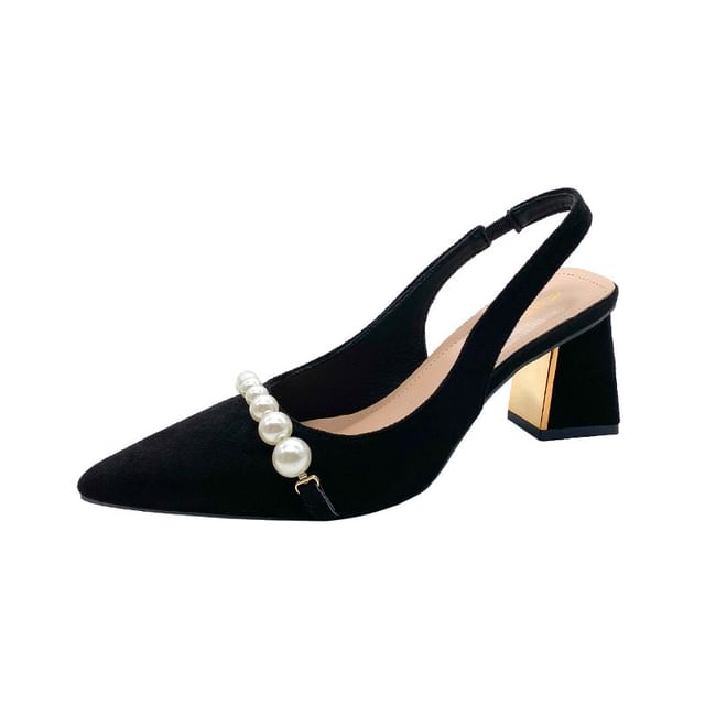 Block Beaded Heel Pointed Slingback Sandals