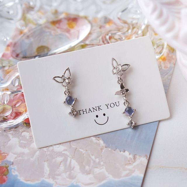 Asymmetrical Alloy Earring Butterfly Crystal Faux Dangle