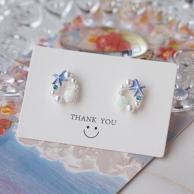 Faux Earring Pearl Stud Starfish Alloy Shell