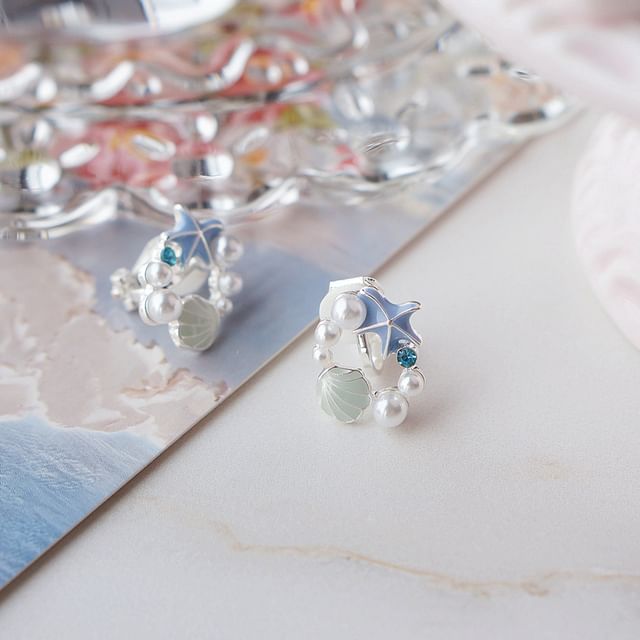 Faux Earring Pearl Stud Starfish Alloy Shell