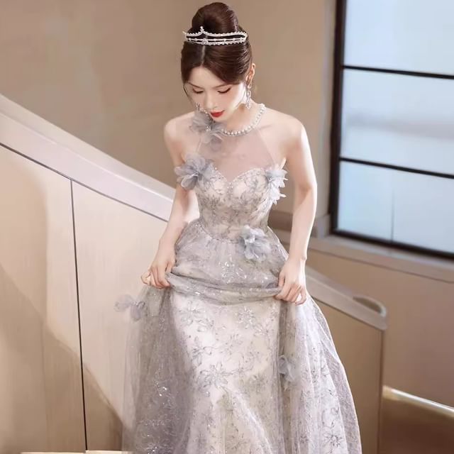 Pearl Floral Sleeveless Evening Round Faux Patterned Neck Gown A-Line Mesh