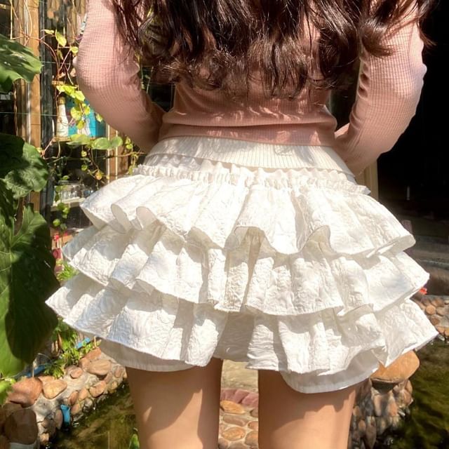 High Waist Plain Mini Tiered Skort