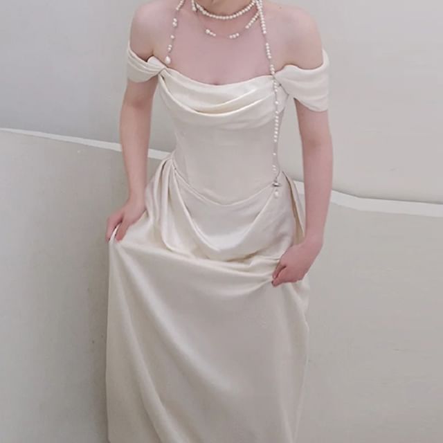 Off Shoulder Plain Ruched Satin A-Line Wedding Gown