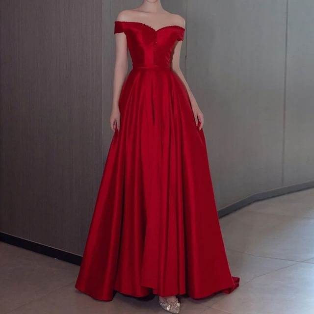 Short-Sleeve Off Shoulder Plain Beaded Satin A-Line Evening Gown