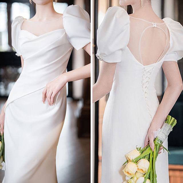 Short-Sleeve Plain Flower Mermaid Wedding Gown