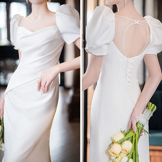 Short-Sleeve Plain Flower Mermaid Wedding Gown