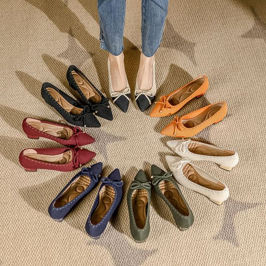Pointed Heel Fabric Bow Block Pumps