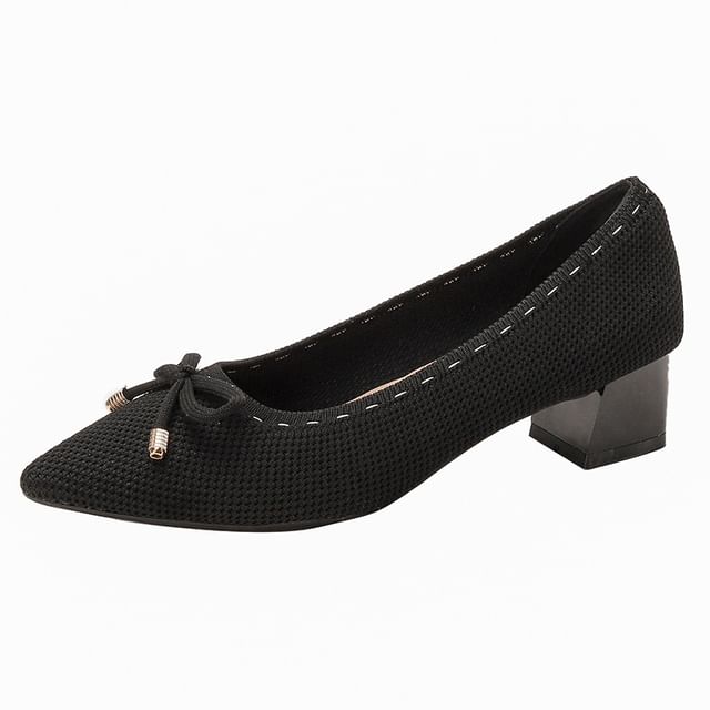Pointed Heel Fabric Bow Block Pumps