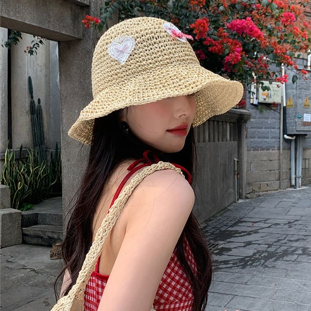 Heart Straw Applique Hat