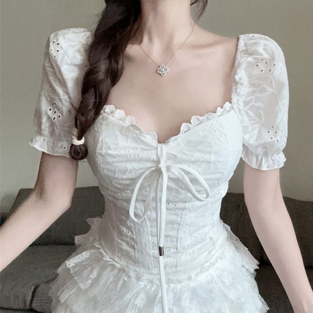 Blouse / Skirt Lace Neck A-Line Embroidered Short-Sleeve Tiered High Rise Front Eyelet Mini Tie Square