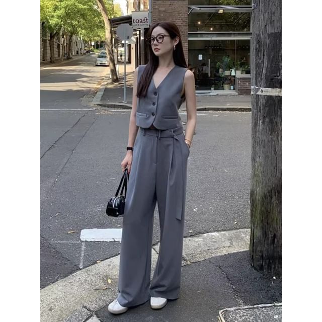 V-Neck Plain Crop Button Vest / Mid Waist Wide Leg Suit Pants