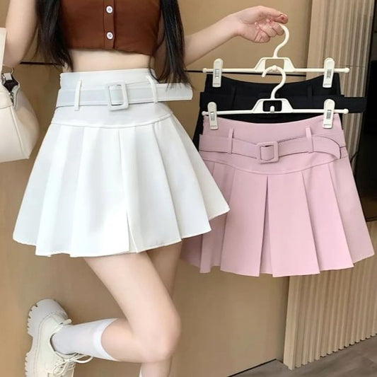 A-line High Undershorts Plain Mini Skirt Pleated / Waist Belt Set