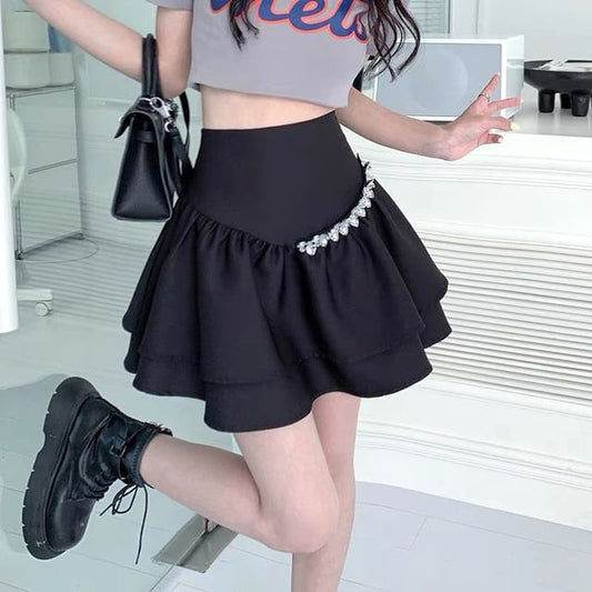 A-Line Mini Rhinestone Plain Skirt Rise High