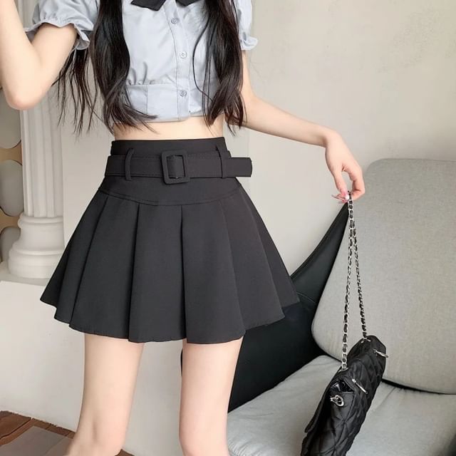 A-line High Undershorts Plain Mini Skirt Pleated / Waist Belt Set