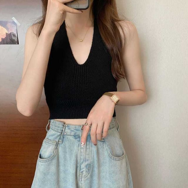 Halter Top V-Neck Plain Cropped Knit