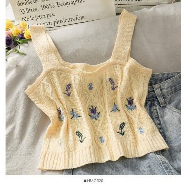 Top Cropped Knit Embroidered Camisole Flower