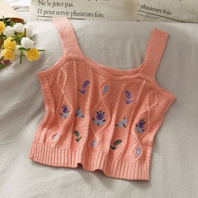 Top Cropped Knit Embroidered Camisole Flower