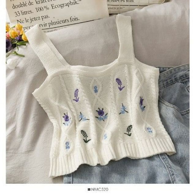Top Cropped Knit Embroidered Camisole Flower