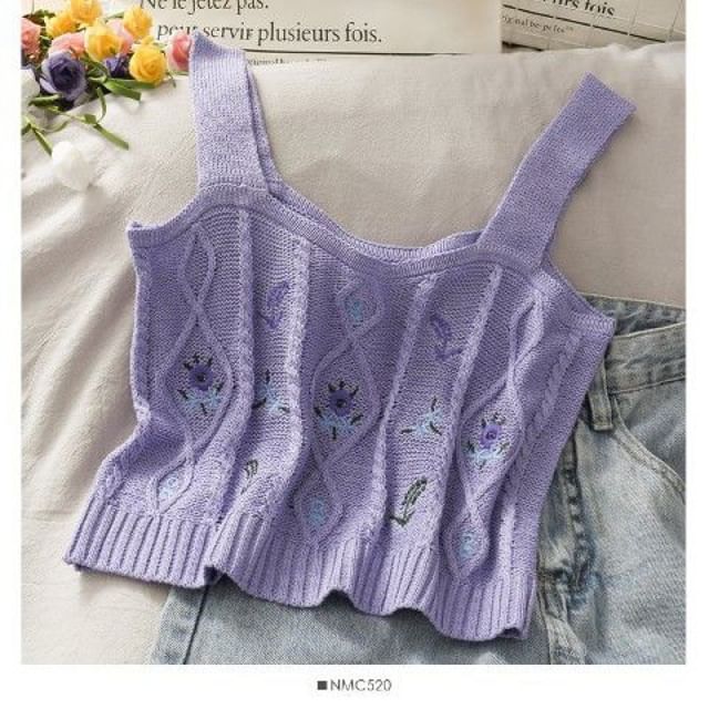 Top Cropped Knit Embroidered Camisole Flower