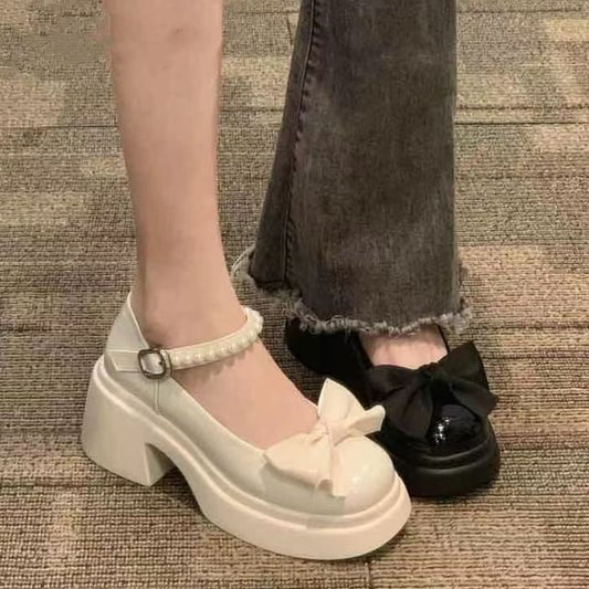 Platform Heel Shoes Bow Mary Block Jane