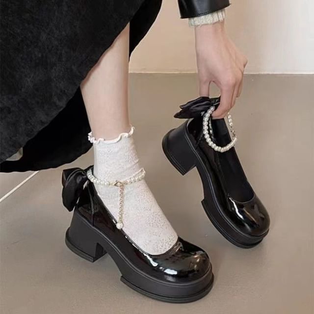 Pumps Plain Bow Mary Jane Heel Block